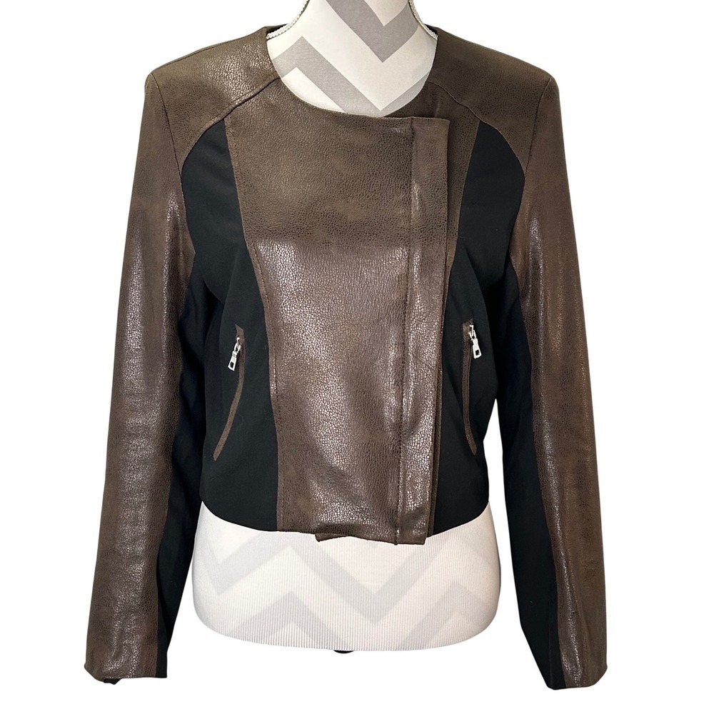 Karen‎ Kane Brown Faux Leather Asymmetrical Zip Moto Jacket Women Size S